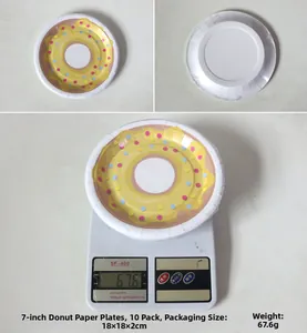 7-inch donut themed party plates with yellow icing design and 10pcs pack details