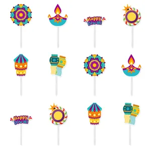 Set of 12 Happy Diwali cupcake toppers featuring diya lamps and mandala designs