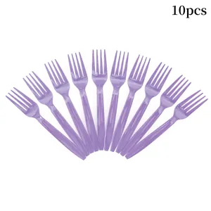 Set of 10 disposable light purple plastic forks arranged in a fan shape for party use