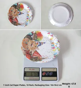 Detail of 7 inch cat themed party paper plates with happy birthday print, 10 pieces pack