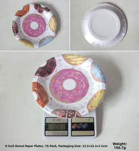 Macro detail of 9-inch donut party paper plates set with precise weight and size info
