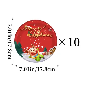 Close-up of 7.01-inch Merry Christmas paper plates with reindeer and gift patterns