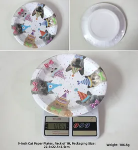 Detail of 9-inch cat-themed party paper plates showing weight and 10pcs packaging size