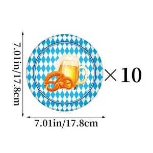 Set of 10 Oktoberfest party plates with 7-inch diameter blue and white diamond patterns