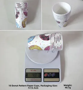 Pack of 10 disposable paper cups with colorful donut patterns for summer birthday parties