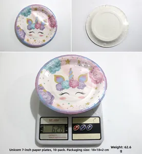 Detailed views of 7-inch unicorn party paper plates including reverse side and weight scale