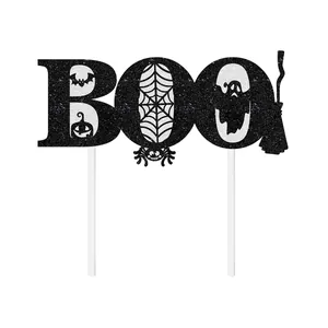 Halloween BOO cake topper with black glitter, bat, pumpkin, and spider web design