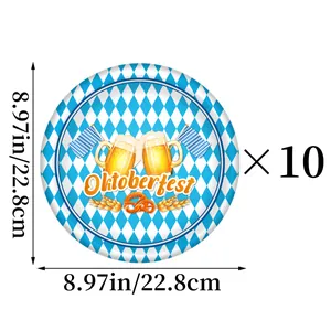 Oktoberfest paper plates 10pcs set with blue white rhombus design and 22.8cm diameter
