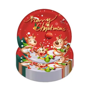 Merry Christmas disposable paper plate set featuring festive red reindeer and gold lettering