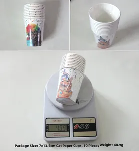 Detail of 10-piece cat themed party paper cups with happy birthday prints and scale weight