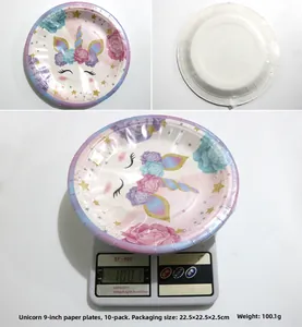 Macro view of 9-inch unicorn theme paper plates set weighing 100g for party supplies