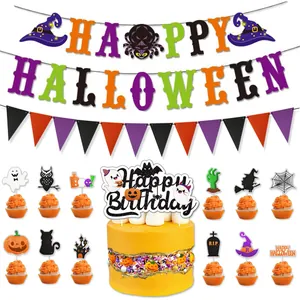 Detail of Happy Halloween letter banner with spooky cake toppers on white background
