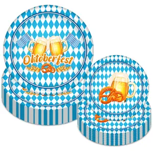 Oktoberfest party tableware set with blue and white diamond pattern and beer motifs