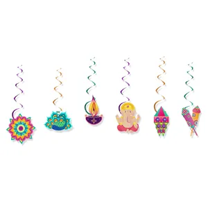 Vibrant Indian Diwali party swirl decorations featuring mandalas, peacocks, and diyas