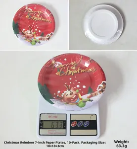 Detail of 7-inch Christmas elk paper plates set with packaging and weight measurement