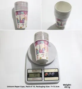 Detail view of 10-piece unicorn theme party cups showing set weight and dimensions