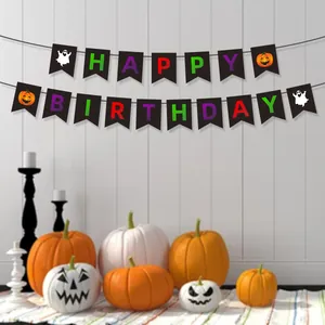 Banderole Happy Birthday Halloween avec motifs de citrouilles et fantômes sur carton
