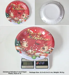 9-inch red Merry Christmas paper plates with gold elk pattern and weight measurement