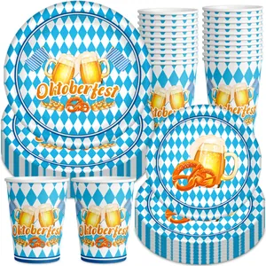 Detail of Oktoberfest tableware set with blue checkered patterns and beer fest motifs