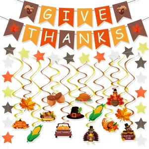 Close-up of Thanksgiving Give Thanks banner and autumn spirals with turkey and pumpkin tags