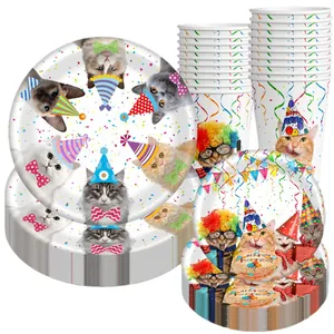 Cat theme birthday party tableware set with paper plates and cups for pet celebrations