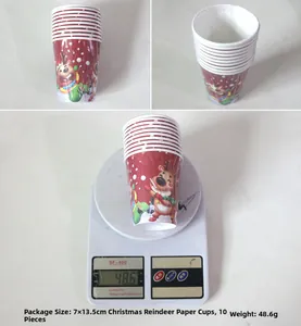 Close-up of 10 red Christmas reindeer paper cups showing product dimensions and weight