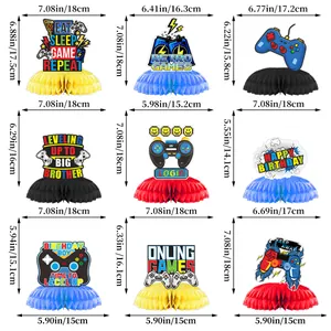 Detailed size specifications for 9-piece set of gaming honeycomb birthday party centerpieces