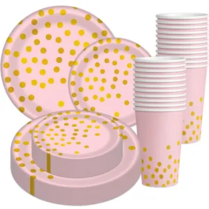 Ensemble De Vaisselle Jetable À Pois Rose Et Or Assiettes Gobelets En Papier Couteaux Fourchettes Cuillères En Plastique Pour Anniversaire Enfants