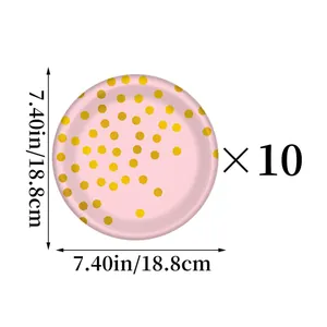 Détail d'assiette ronde rose à pois jaunes, diamètre 18,8 cm, ensemble de 10 pièces