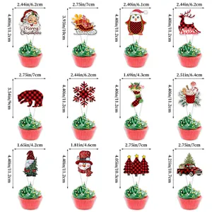 12-pack Buffalo Plaid Christmas Cupcake Toppers with Santa, Reindeer and Snowman designs