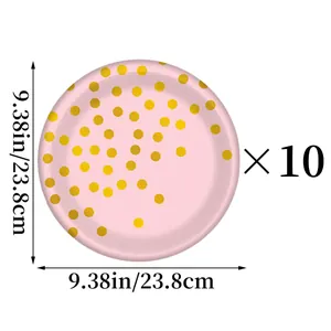 Détail d'assiettes en papier rose de 23,8 cm à pois dorés, lot de 10 pièces