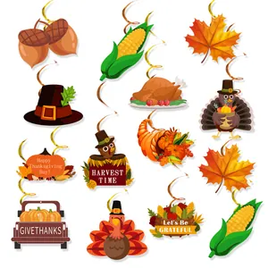 Thanksgiving party hanging swirl set with turkey, pumpkin, and gold spiral foil decorations