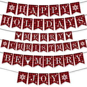 Χριστουγεννιάτικο Πανό Buffalo Plaid Κόκκινο Μαύρο Καρό Νιφάδα Χιονιού Τάρανδος Κρεμαστή Γιρλάντα για Διακόσμηση Τοίχου Πάρτι