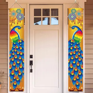 Happy Diwali Porch Sign Polyester Hanging Banners Indian Festival Peacock Mandala Pattern Outdoor Doorway Party Decoration