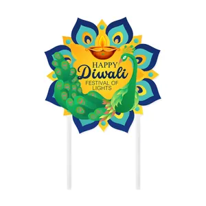 Topper per torta Happy Diwali con pavone e lampade Diya per decorazione festiva
