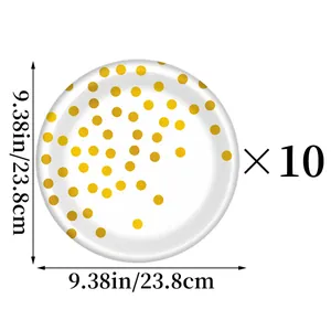 Détail d'assiettes en papier blanc avec pois dorés de 23.8 cm pour fête d'anniversaire
