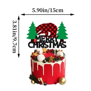 Plaid bear Merry Christmas cake topper with green trees and glitter letters