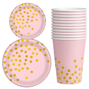 Assiettes et gobelets jetables roses à pois dorés pour fête de premier anniversaire