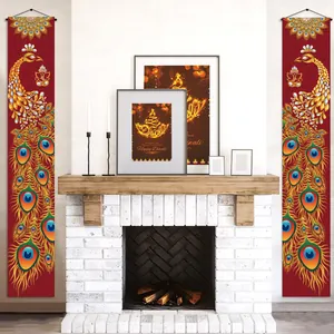 Pair of red Diwali door banners with gold peacock and Ganesha designs for home decor