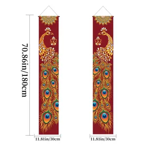 Pair of 180x30cm Diwali door banners with golden peacock and traditional red motifs