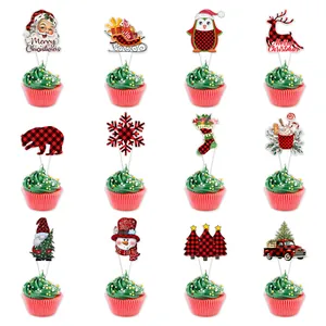 12-piece Buffalo Plaid Christmas cupcake toppers featuring Santa and reindeer designs
