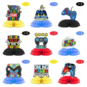 Set of 9 video game party honeycomb centerpieces featuring game controllers and slogans
