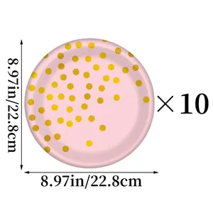 Assiettes roses en papier avec pois dorés pour fête, lot de 10, diamètre 22,8 cm