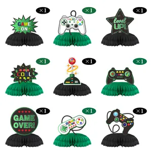 Detail set of nine video game party centerpieces featuring controllers and honeycomb bases