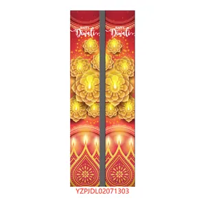 Happy Diwali festive banners with golden lotus and Diya oil lamp patterns on red polyester