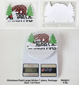 Detailed views of a buffalo plaid bear Christmas cake topper showing weight and dimensions