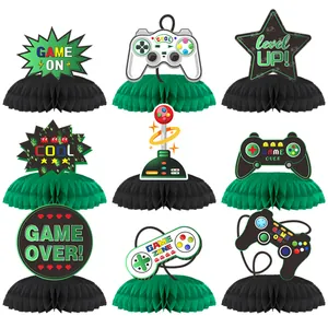 Set of 9 video game party honeycomb centerpieces with Game On and Level Up cards