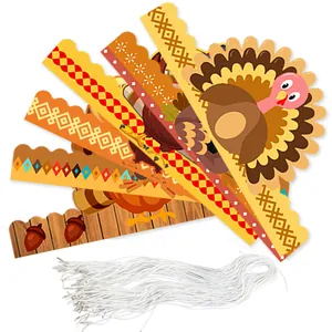 Detail of Thanksgiving turkey paper crown kit with festive patterns and elastic cords