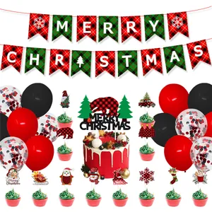 Buffalo Plaid Christmas Party Decoration Combination Merry Christmas Banner Cake Toppers Red Black Latex Balloons