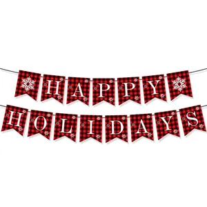 Κόκκινο και μαύρο καρό πανό Happy Holidays με νιφάδες χιονιού για χριστουγεννιάτικη